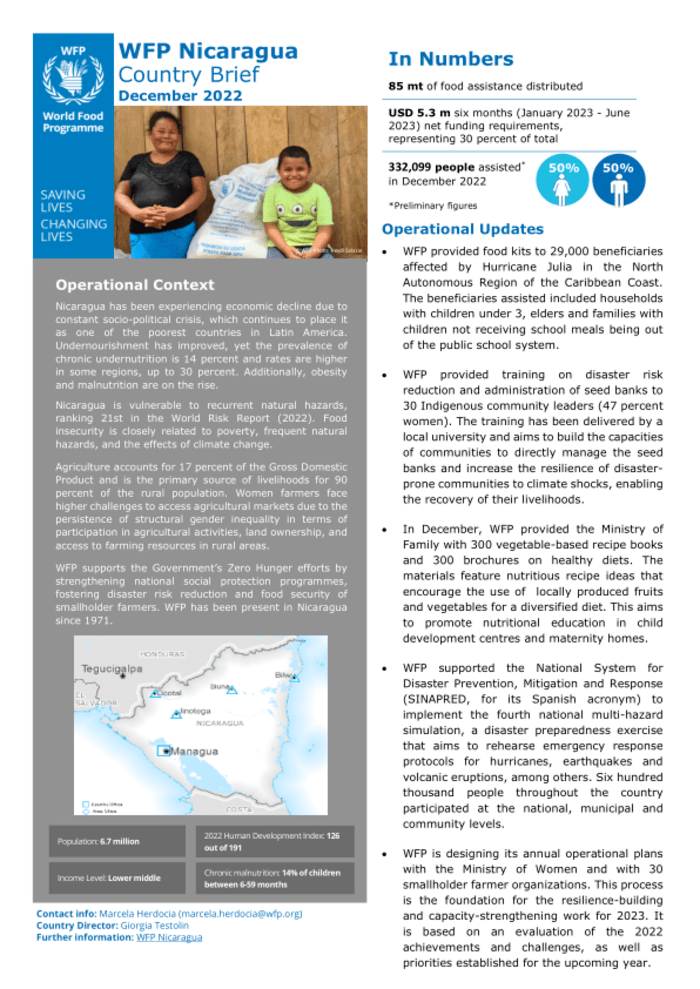 Resumen de país de WFP Nicaragua, diciembre de 2022 - Nicaragua