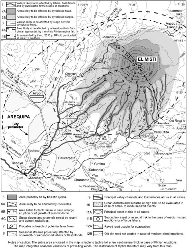 Mapeo científico del área alrededor de El Misti, que detalla las áreas con mayor riesgo de sufrir varios tipos de destrucción volcánica.
