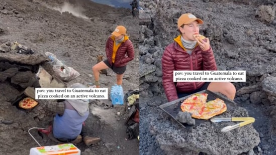Mujer come pizza cocinada en un volcán activo en Guatemala.(Instagram/@Alexandra Blodgett)