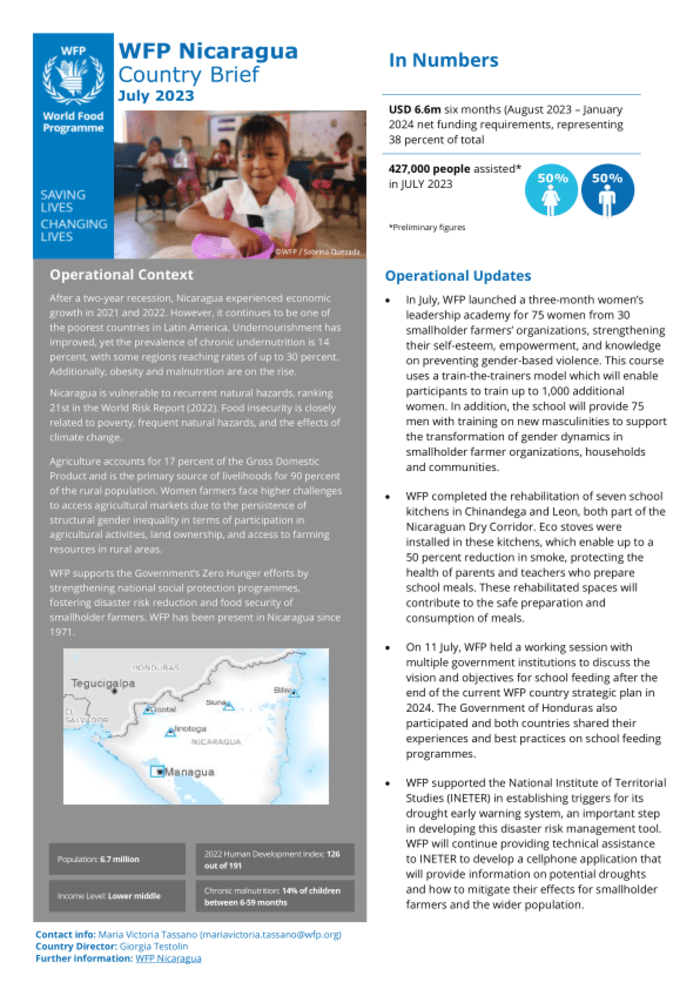 Informe de país del PMA Nicaragua 2023  Julio.  - Nicaragua