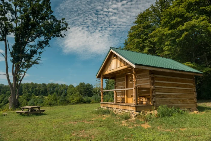 Una cabaña de madera con un techo de metal verde se encuentra en el campo cubierto de hierba debajo del cielo con nubes dispersas. La mesa de picnic está a la izquierda, los densos árboles forman el fondo y la escena distingue la paz. Este pintoresco ambiente se asemeja a las cabañas tranquilas que se encuentran en el Parque Estatal Camp Creek.