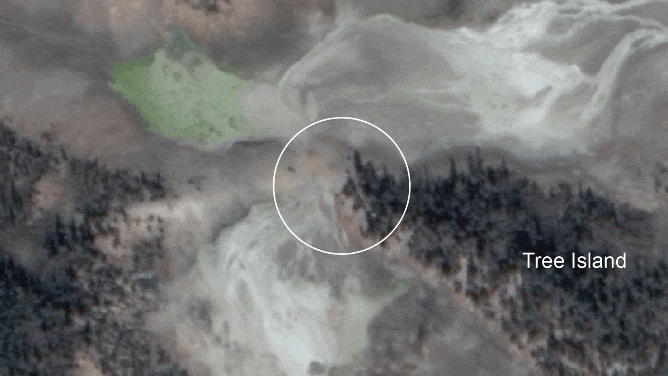 GIF, una imagen satelital de alta resolución ubicada en la cuenca de Norris Geyser, Parque Nacional Yellowstone, que muestra la creación de una nueva piscina térmica en un círculo, en una ubicación circular. 19 de octubre al 19 de diciembre