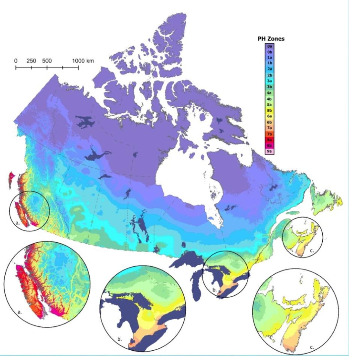 El mapa canadiense, dividido en diferentes colores, con una leyenda y áreas específicas resaltadas a corta distancia. 