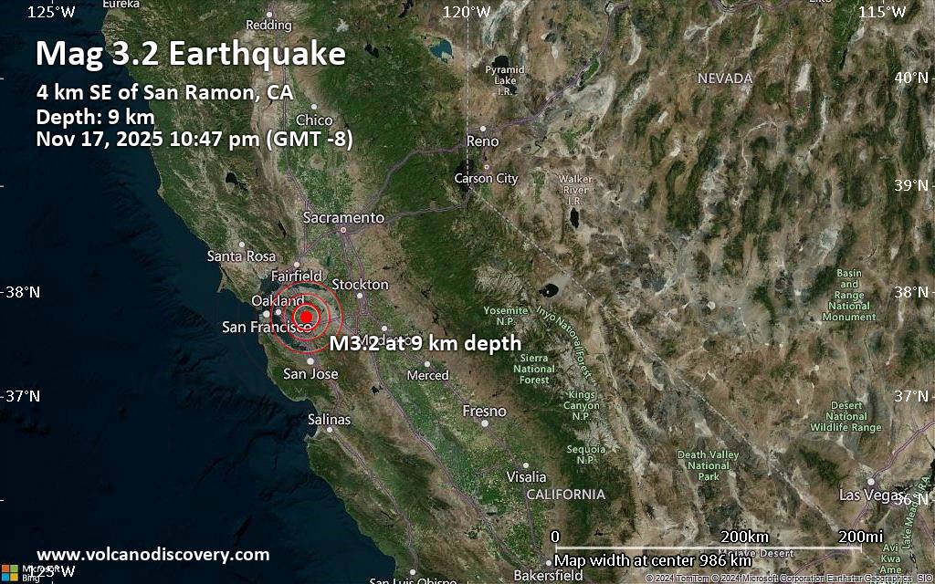 Un pequeño terremoto de magnitud 3,2 sacude cerca de San Ramón, condado de Contra Costa, California, EE.UU.