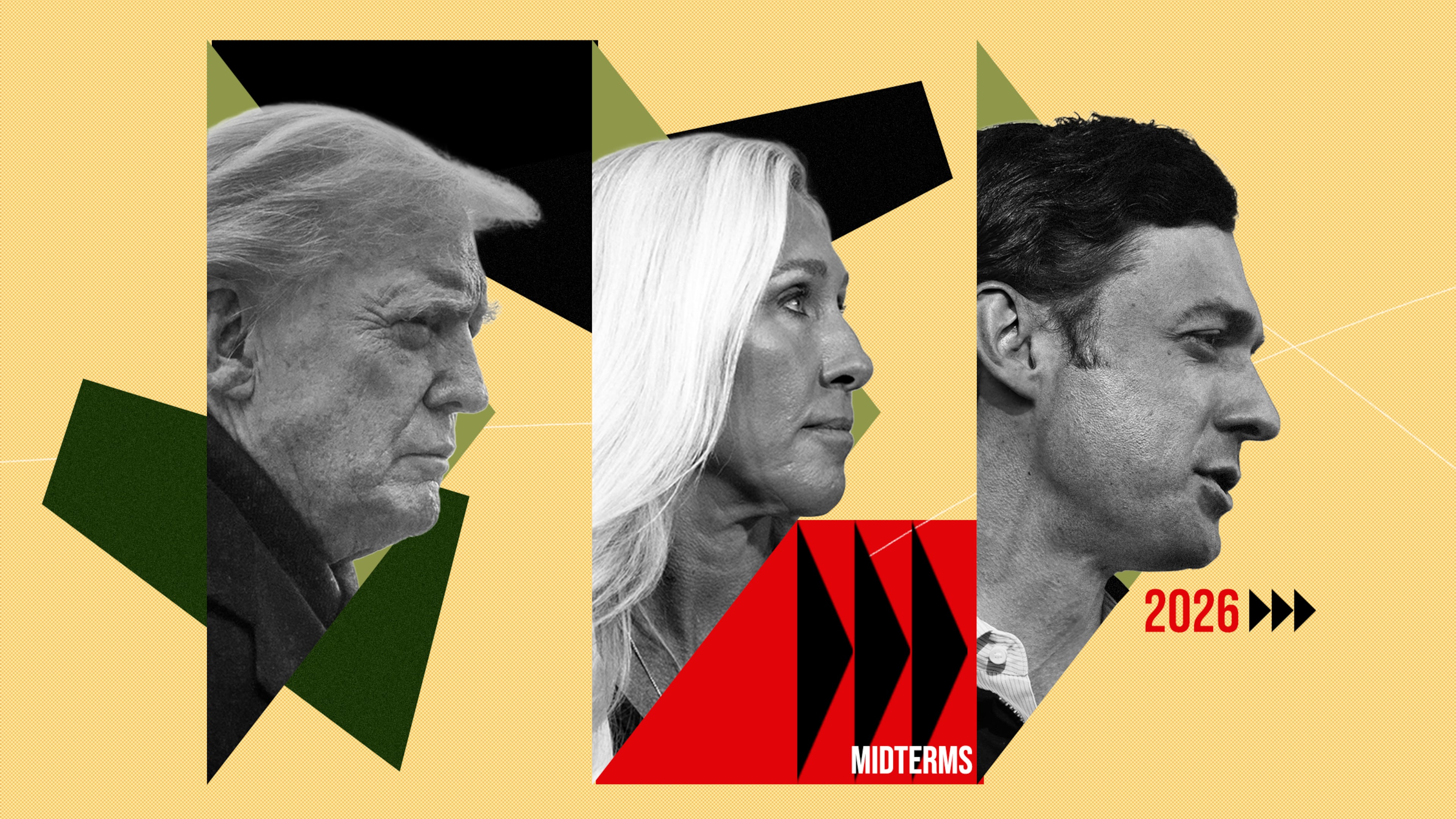 De izquierda a derecha, el presidente Donald Trump, la representante estadounidense Marjorie Taylor Greene y el senador estadounidense Jon Ossoff. (Crédito de la foto: Philip Robibero/AJC | Fuente: Getty)