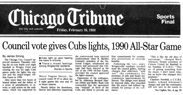 Después de seis años de debate, el Ayuntamiento de Chicago aprobó el 25 de febrero de 1988 el béisbol nocturno en el Wrigley Field. (Tribunal de Chicago)
