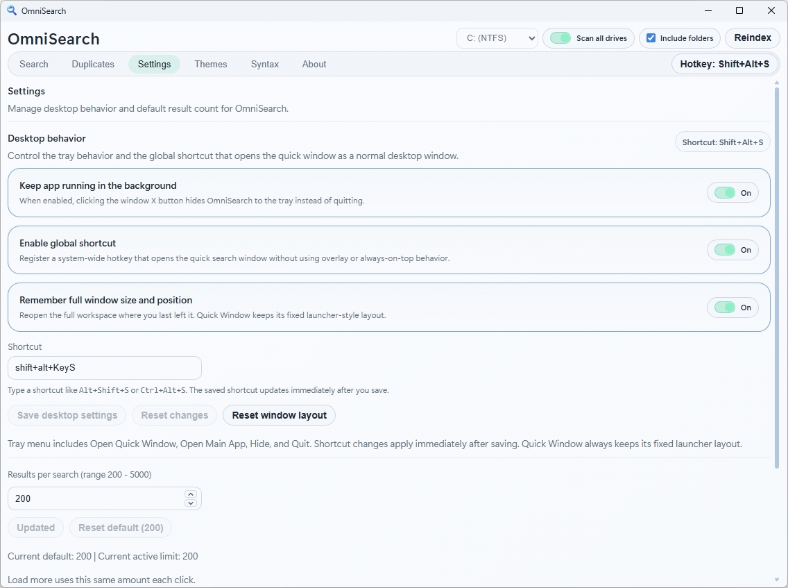 Página de configuración de OmniSearch