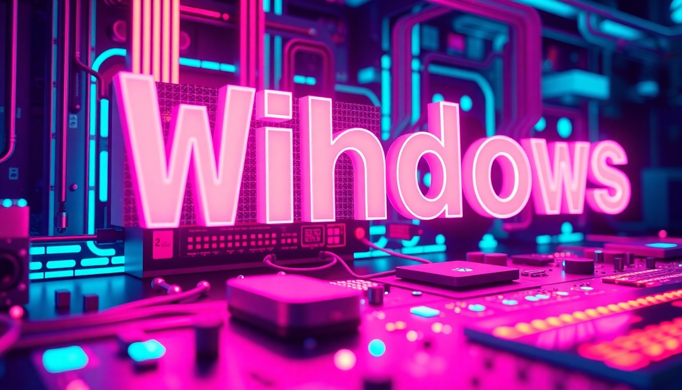 Una ilustración 3D brillante y muy detallada de los diversos componentes y elementos de hardware del sistema operativo Windows, iluminados con luces de neón cian y violeta, transmite la complejidad tecnológica y la naturaleza crítica de las decisiones de Microsoft con respecto al futuro de la plataforma insignia.