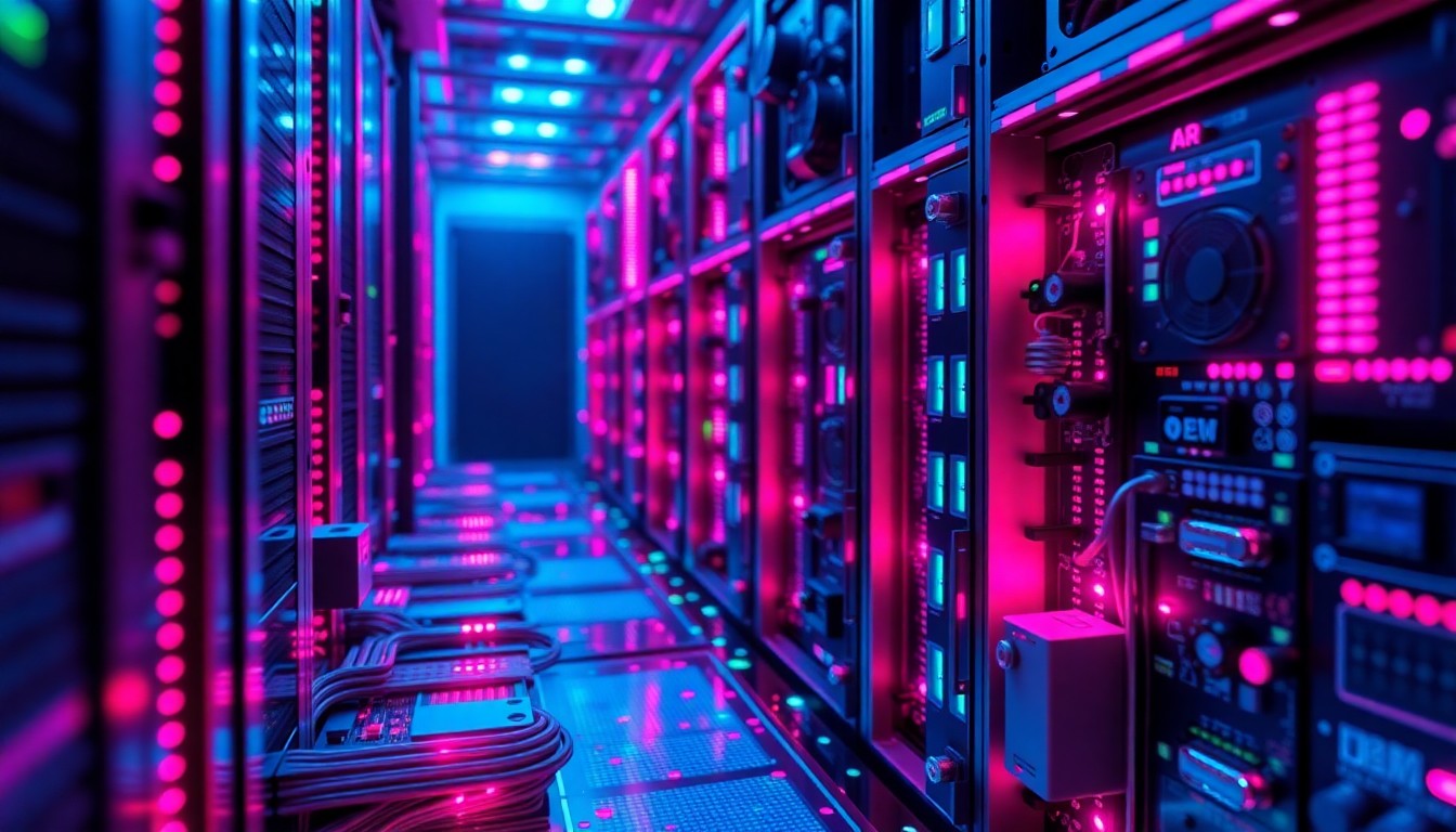 Una macro ilustración 3D muy detallada de una placa brillante con luces de neón o un bastidor de servidor de datos que representa la compleja infraestructura digital que sustenta la tecnología de IA. La imagen presenta elementos tecnológicos físicos reconocibles, como trazas de circuitos, ventiladores de refrigeración y carcasas metálicas iluminadas por luces brillantes de color cian y violeta.