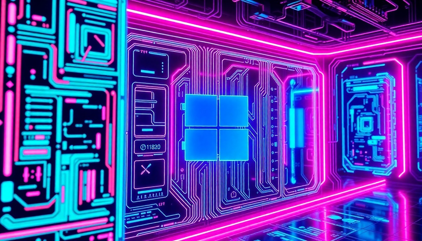 Una ilustración 3D brillante y muy detallada de una interfaz futurista de Windows 11 con luces de neón cian y violeta que iluminan la infraestructura digital y que representa conceptualmente la importancia de las actualizaciones de software para el progreso tecnológico y la seguridad.