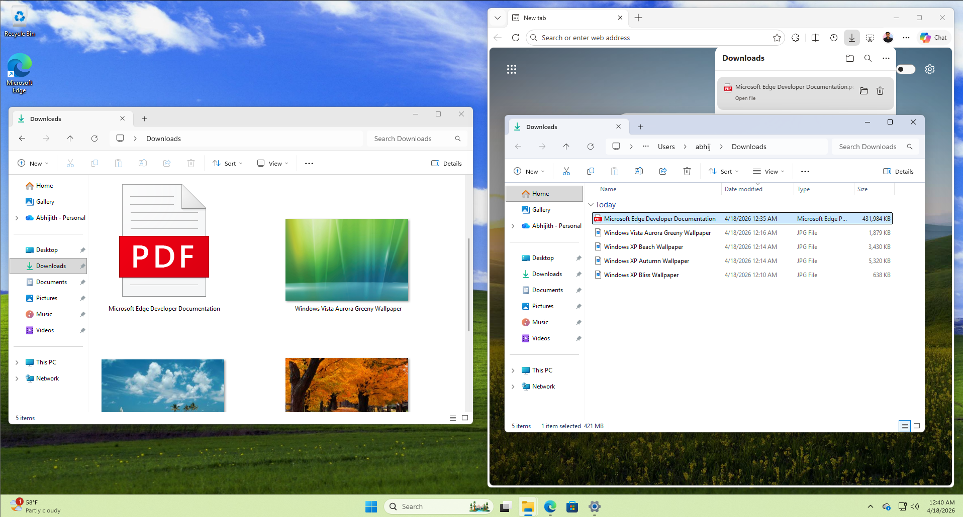 La carpeta Descargas está configurada para Ver archivos y carpetas como íconos extra grandes, pero cuando se abre desde un navegador aparecen como una lista
