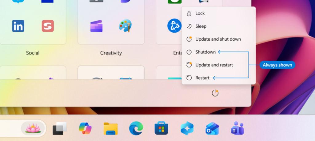 Muestra la opción para reiniciar y apagar sin instalar actualizaciones