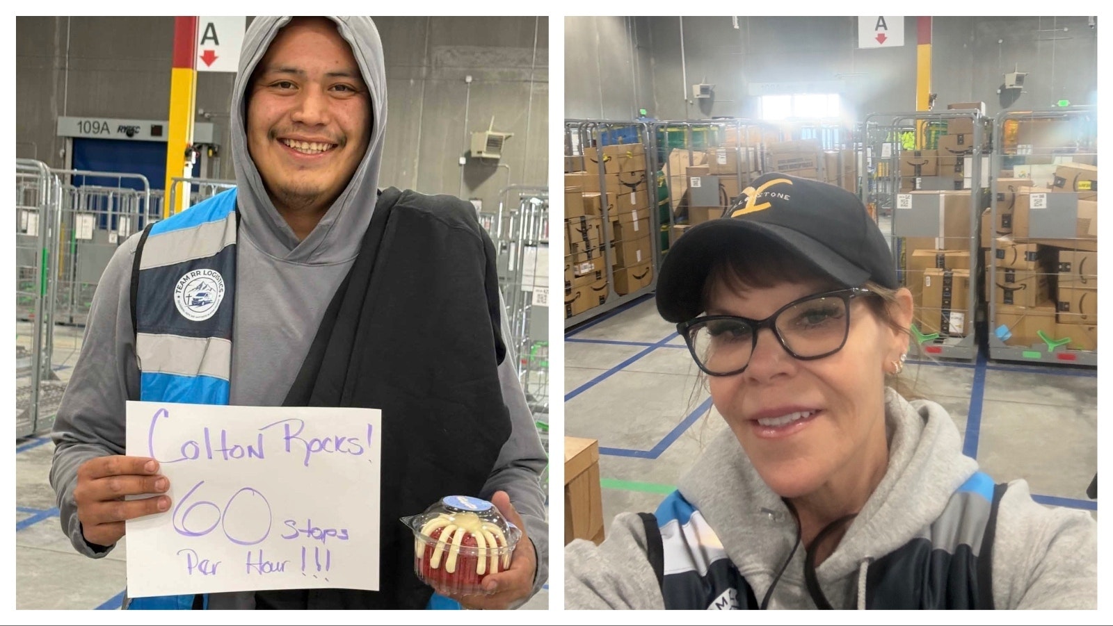 Colton, izquierda, viaja desde Hardin todos los días. Estableció un récord con 60 paradas por hora. Derecha, Erin Tiedeman del almacén de The Righteous Routes Logistics donde los paquetes de Amazon se entregan diariamente a las zonas rurales de Monana y Wyoming.