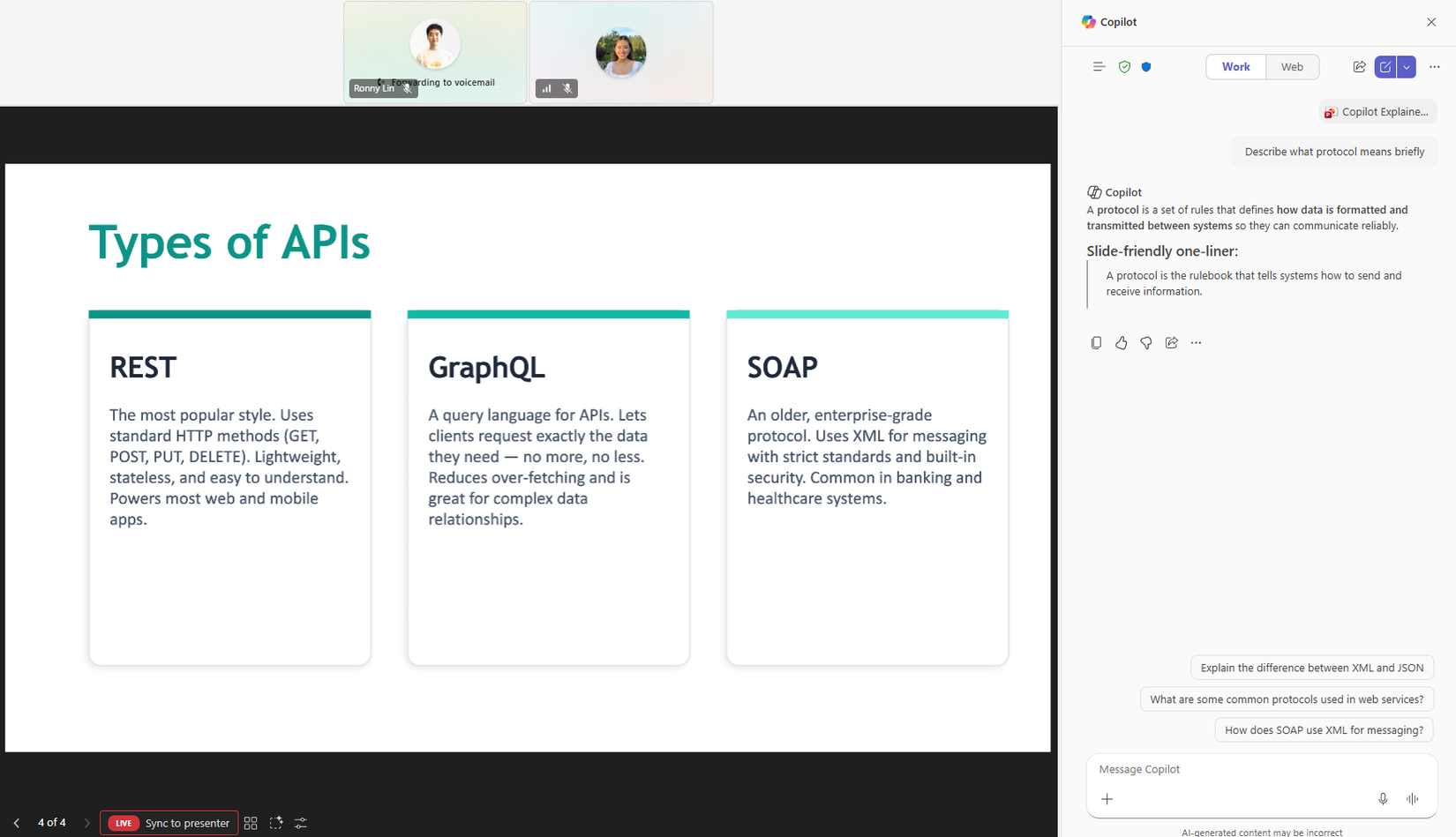 Un ejemplo de Copilot explicando algo en Microsoft Teams en PowerPoint.