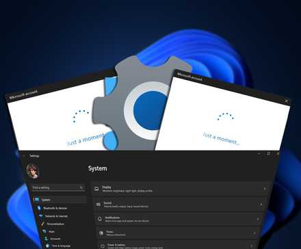 Aplicación de configuración de Windows 11 con ventanas emergentes de carga y signos de exclamación